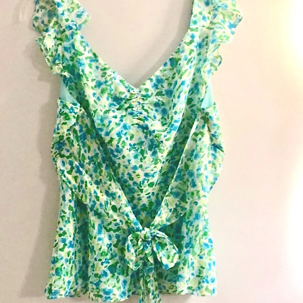 Romance Silky Chiffon Sleeveless Top, Tie Back, Watercolor Blue/Greens, 12 - Picture 5 of 8